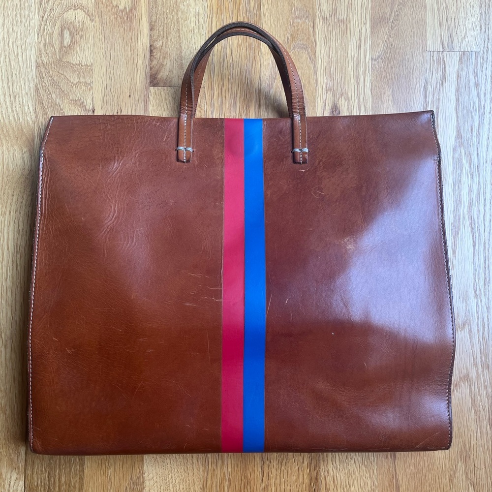 Clare V simple tote brown leather red blue stripes